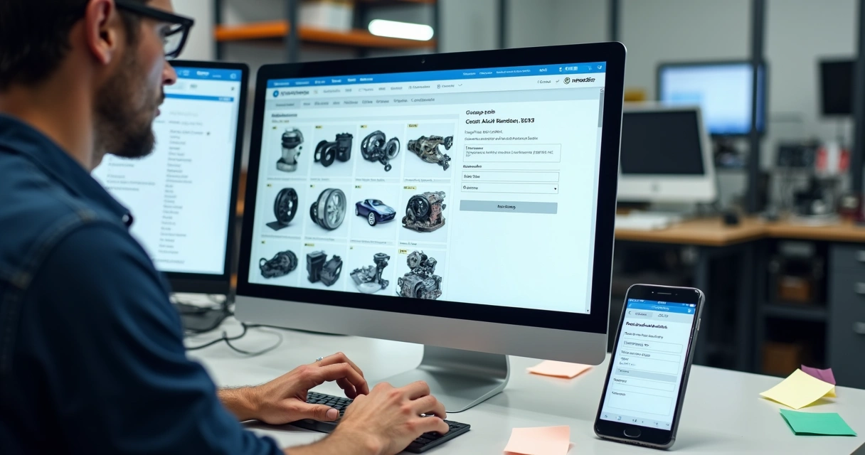 Tela de cadastro de autopeças em catálogo digital no computador e celular 