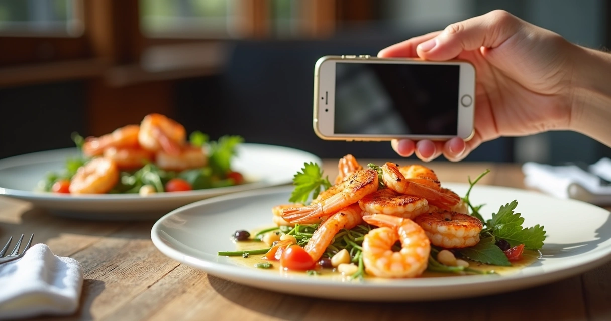 Celular fotografando prato de camarão num restaurante 