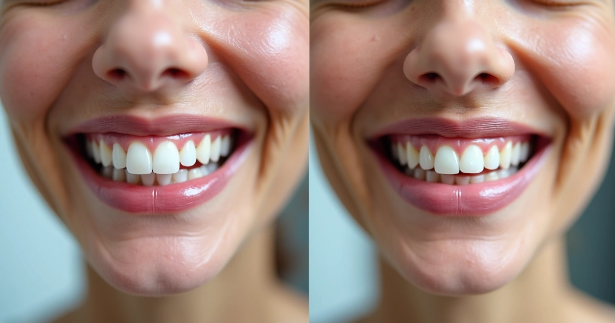 Foto clínica odontológica, antes e depois de implante dentário, fundo neutro 