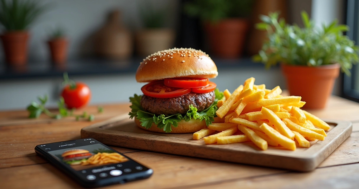 Foto de um prato de comida para delivery, bem apresentado, com cenário de cozinha ao fundo