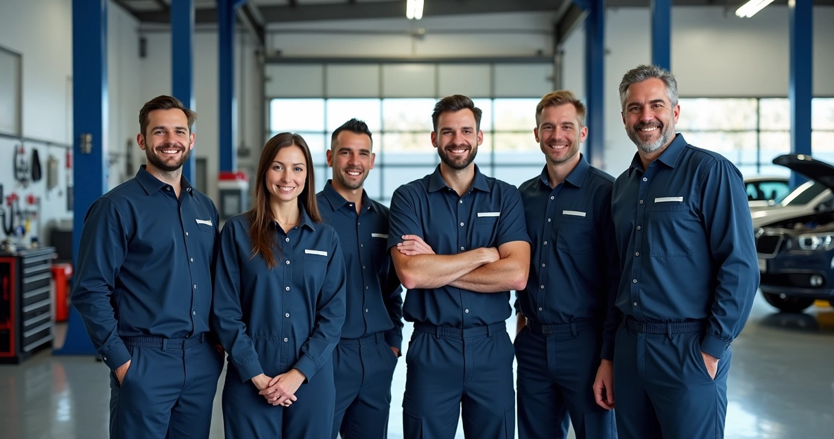 Equipe de mecânicos uniformizados posando na oficina 