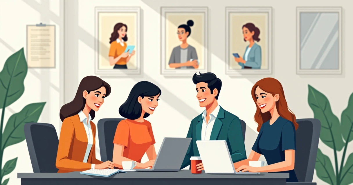 Equipe de empresa reunida ao redor de uma mesa moderna, sorrindo e trabalhando juntos 