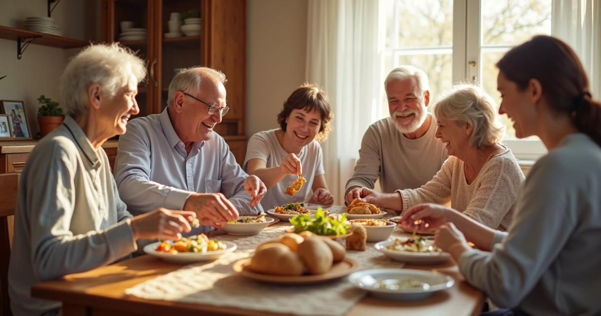 Família reunida em volta da mesa, sorrindo durante refeição tradicional