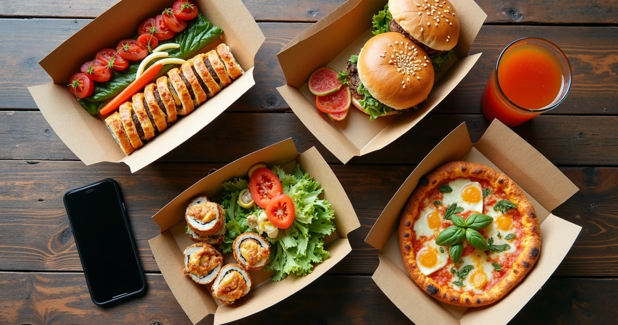 Montagem de pratos de delivery vistos de cima com celular ao lado 