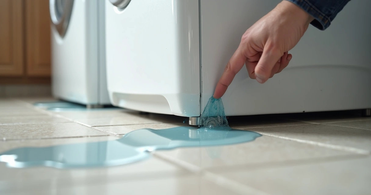 Máquina de lavar mostrando vazamento de água na base 