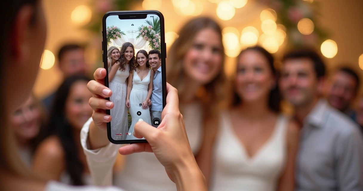 Noiva segurando smartphone tirando selfie em evento de casamento 