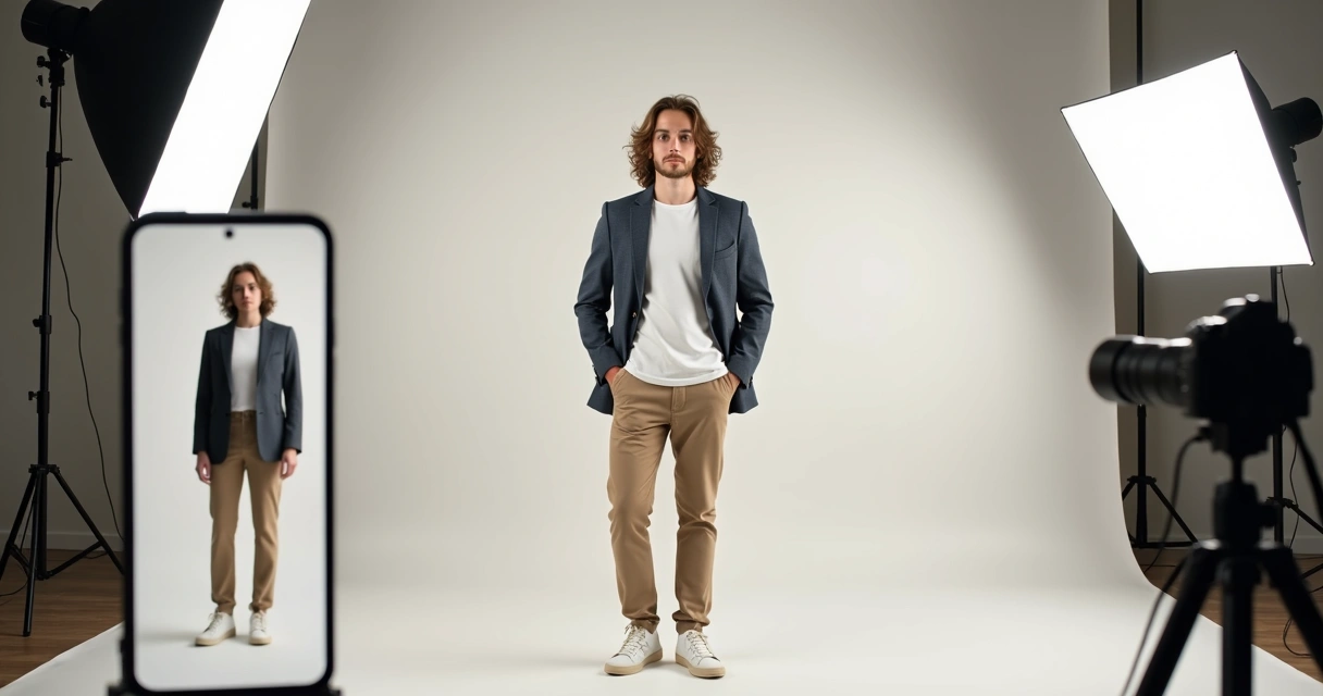 Modelo em estúdio posando para foto de moda com fundo limpo e iluminação profissional 