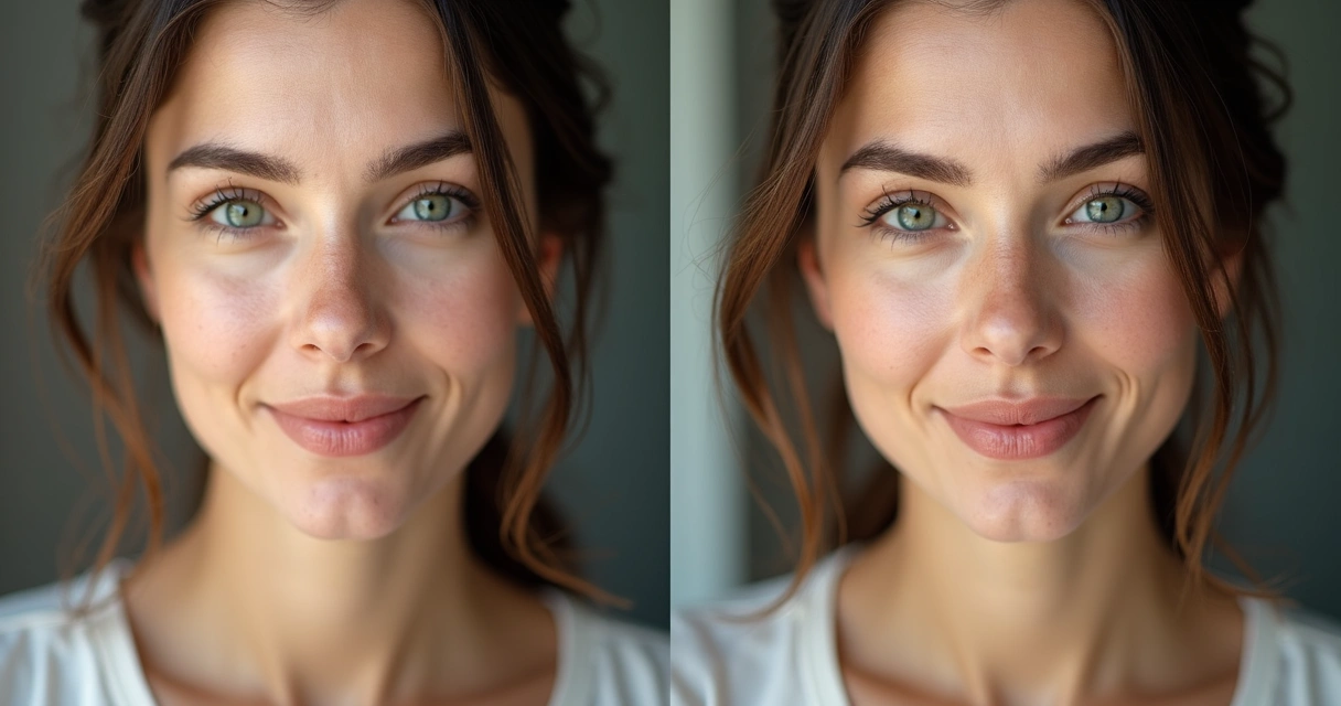 Foto de harmonização facial sem edição e foto com filtros visíveis