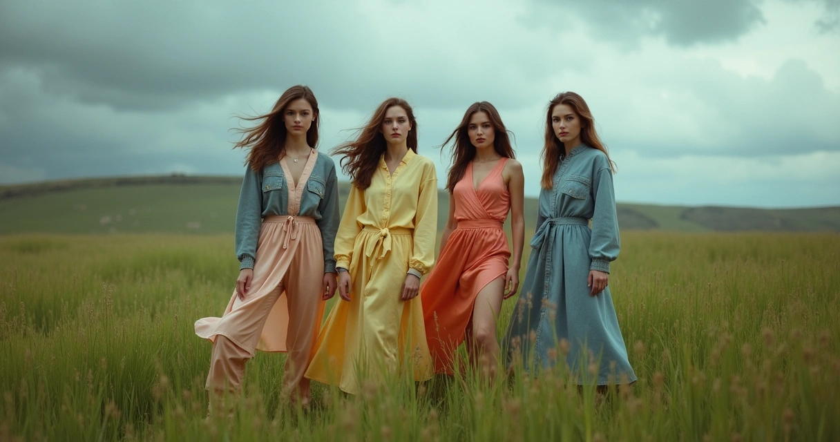 Modelos posando sob céu nublado com roupas coloridas 