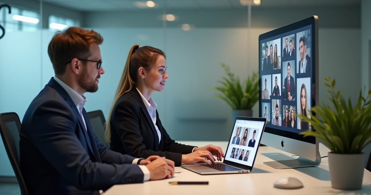 Homem e mulher analisando opções de fotos profissionais em um notebook, fundo de escritório moderno com logo discreto