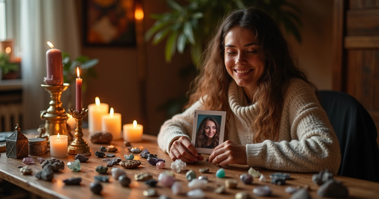 Mulher sorrindo segura uma pequena foto em ambiente iluminado por velas e objetos espirituais.