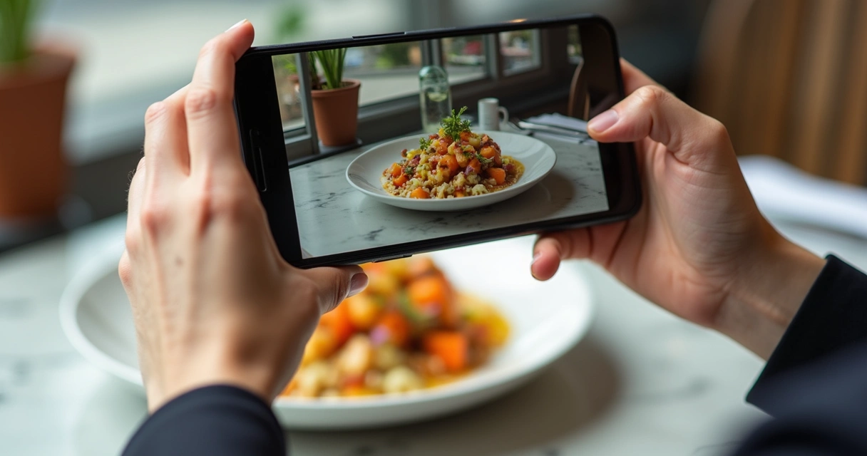 Foto de prato sendo tirada com celular em ambiente iluminado 