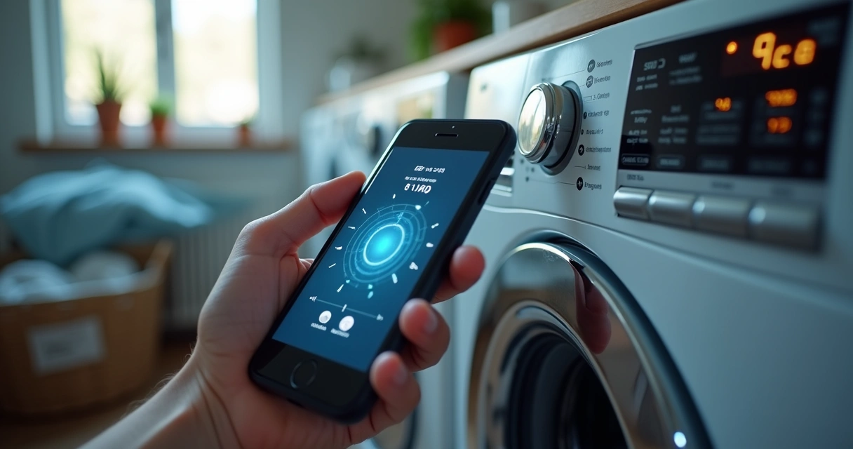 Pessoa filmando painel digital de máquina de lavar com celular 