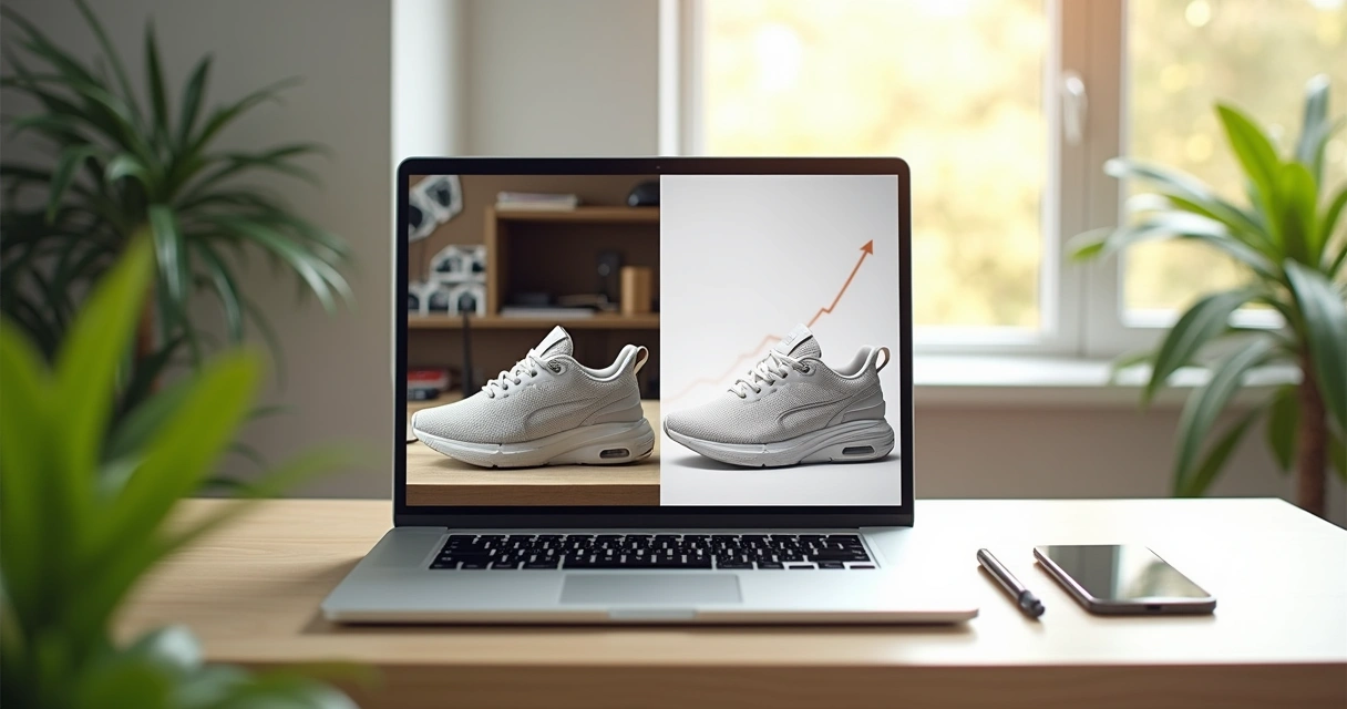 Comparação antes e depois de foto de produto para ecommerce em mesa branca 