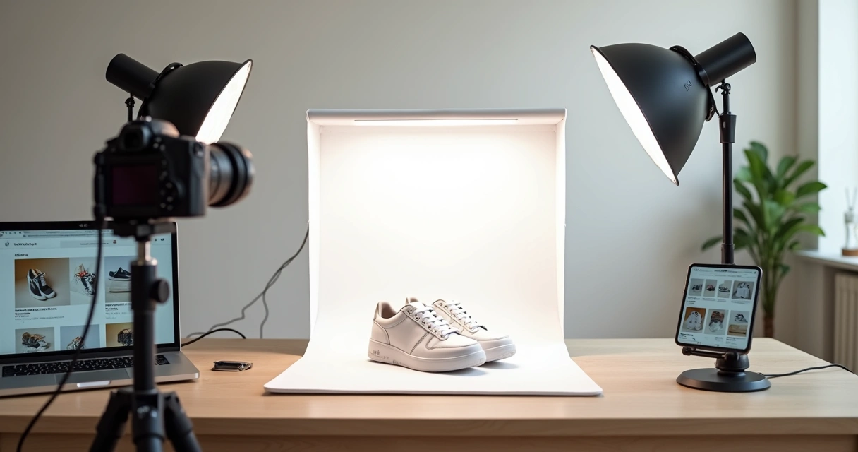 Mesa com mini estúdio caseiro fotografando produto para e-commerce com fundo branco 