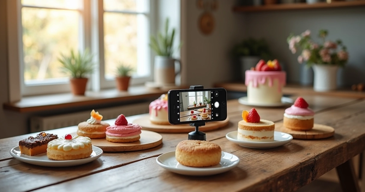 Bolos e doces decorados dispostos em mesa rústica com iluminação natural, fotografados com celular para venda 