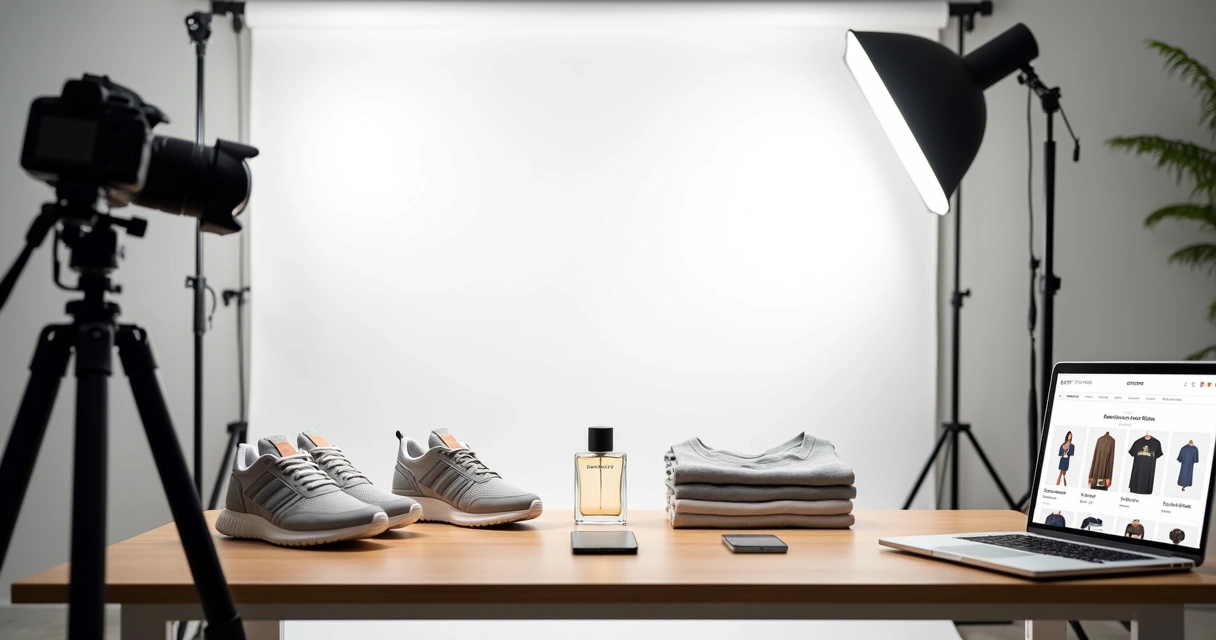 Fotografia profissional de produtos para e-commerce em mesa com fundo branco e notebook ao lado 