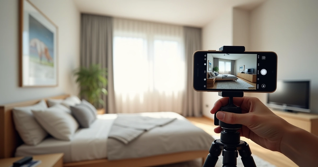Pessoa fotografando um quarto arrumado usando tripé e celular 