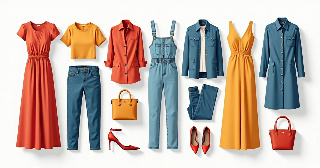 Peças de roupa de brechó organizadas e fotografadas em fundo branco 