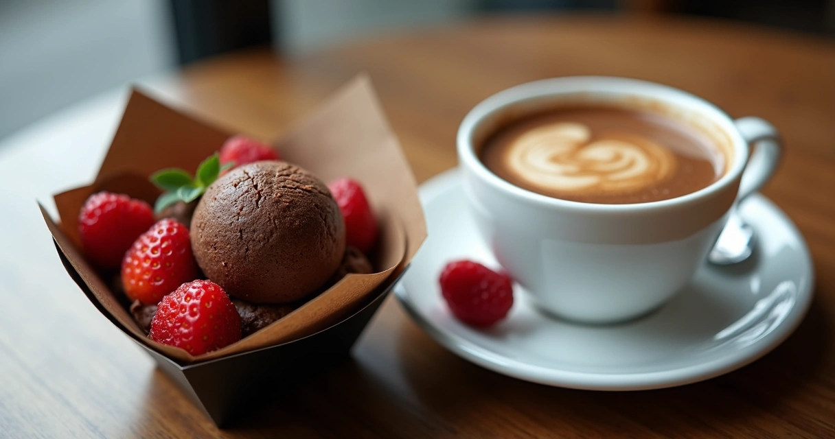 Sobremesa de chocolate com morangos em embalagem elegante ao lado de copo de café 