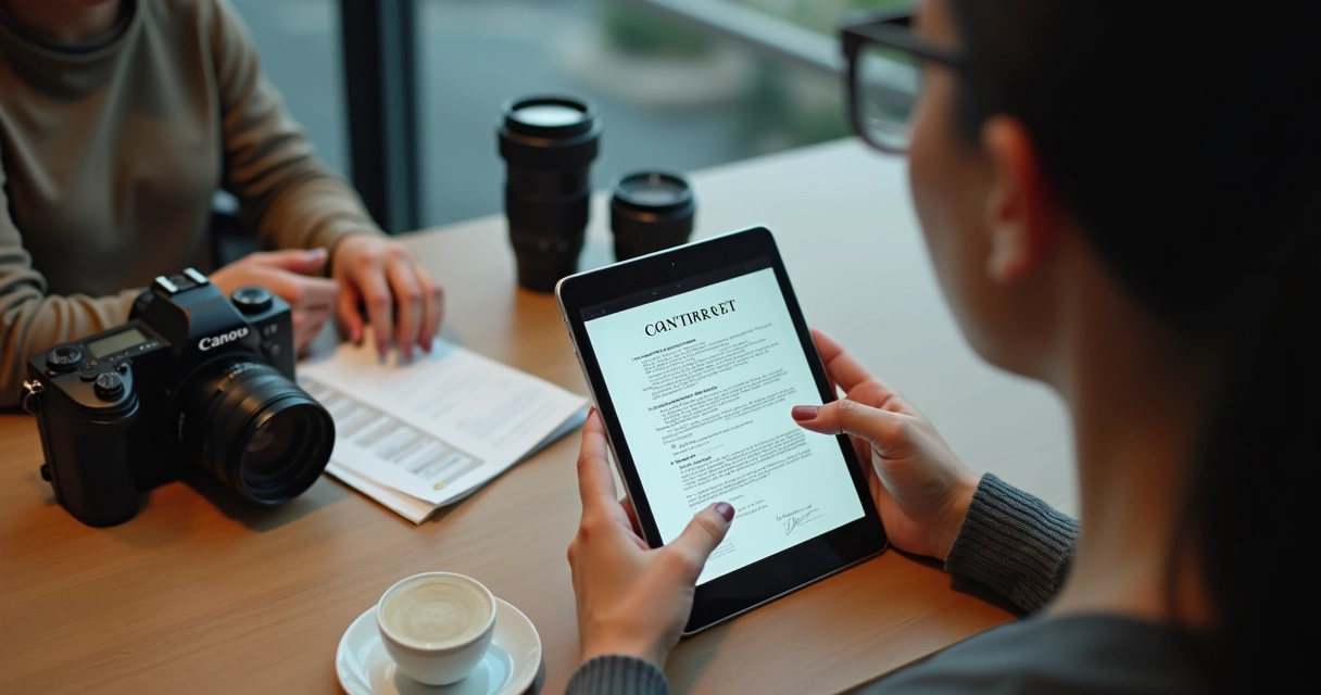 Fotógrafa analisando contrato digital em tablet durante atendimento 