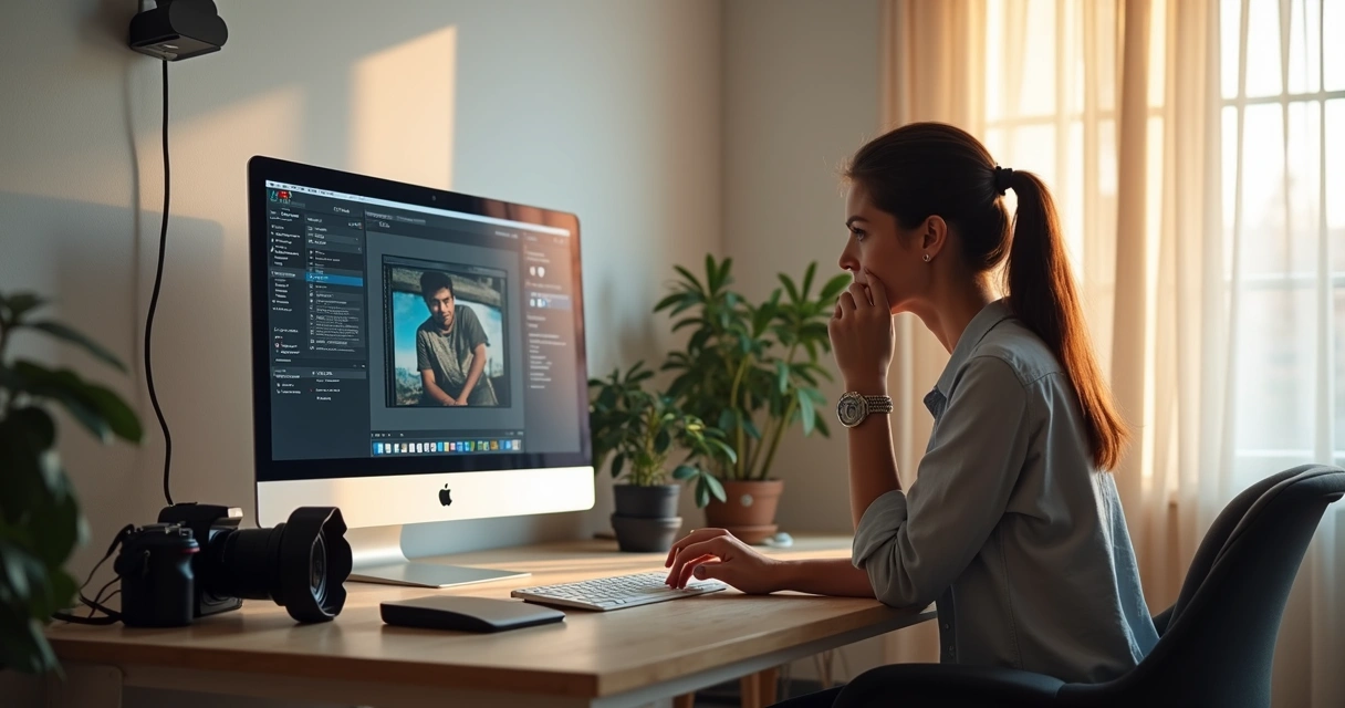 Fotógrafa revisa arquivos de backup em estúdio com equipamentos de fotografia 