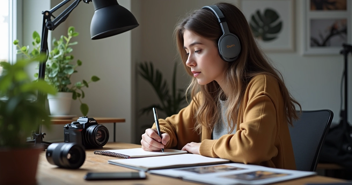 Fotógrafa fazendo anotações enquanto escuta podcast em estúdio de fotografia 