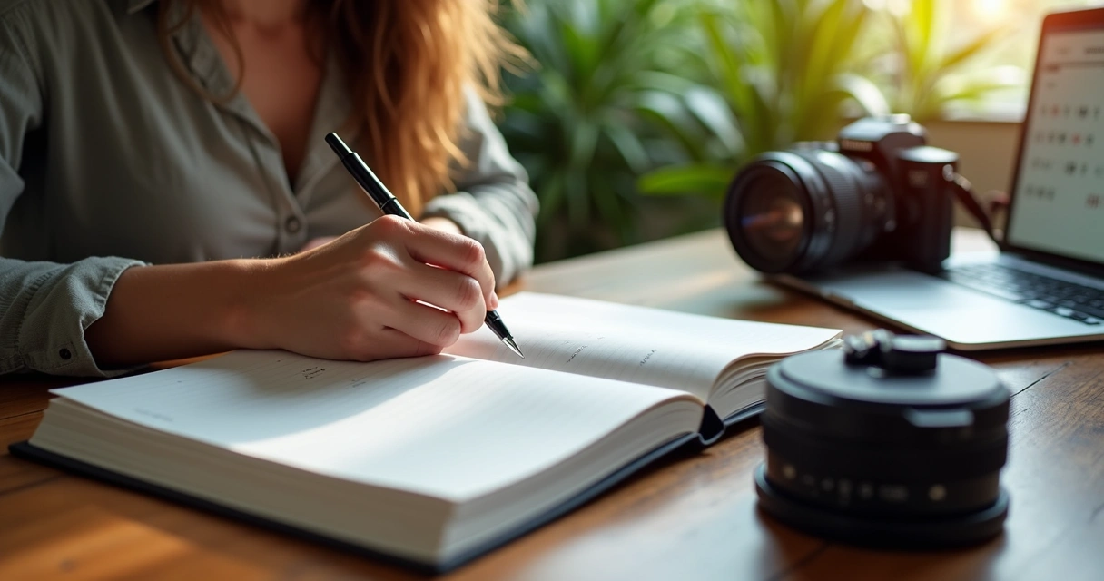 Fotógrafa fazendo anotação na agenda, sentada perto de computador com câmera ao lado 