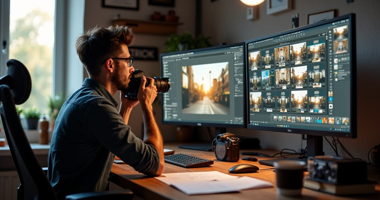 Fotógrafa revisando fotos em computador após evento 