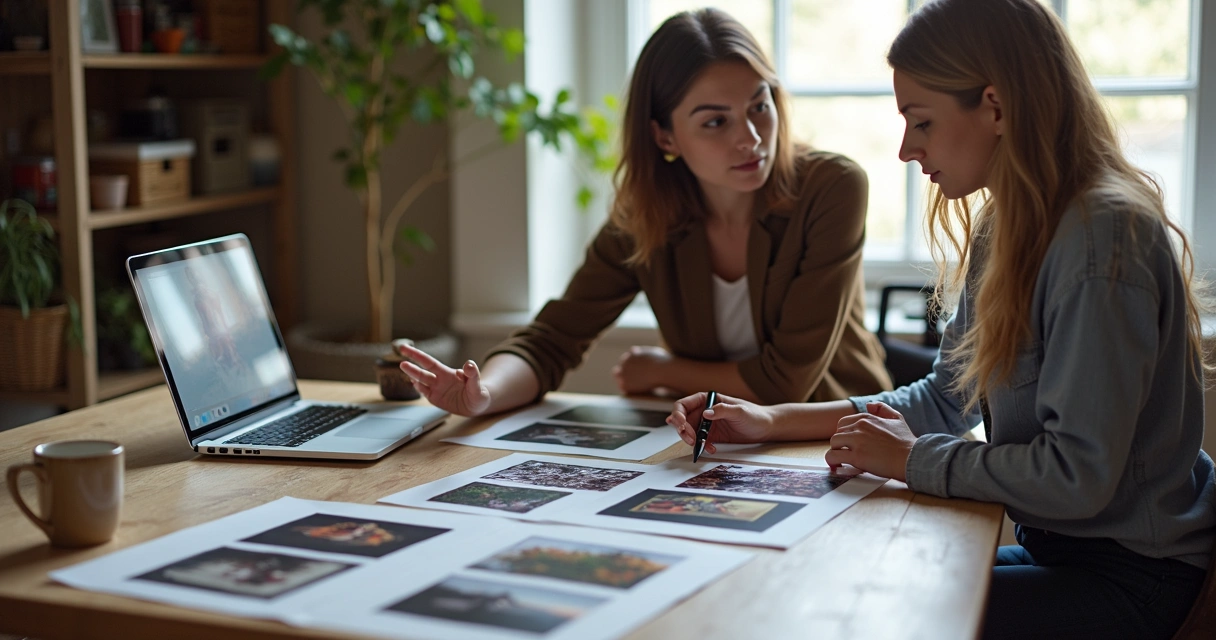 Mentora de fotografia analisando imagens com fotógrafa em mesa 