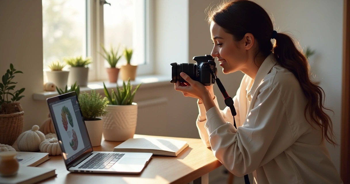 Mulher fotografando produtos com câmera e luz natural