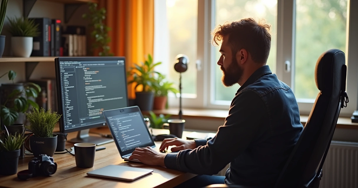 Fotógrafa respondendo mensagem em notebook em ambiente de trabalho 