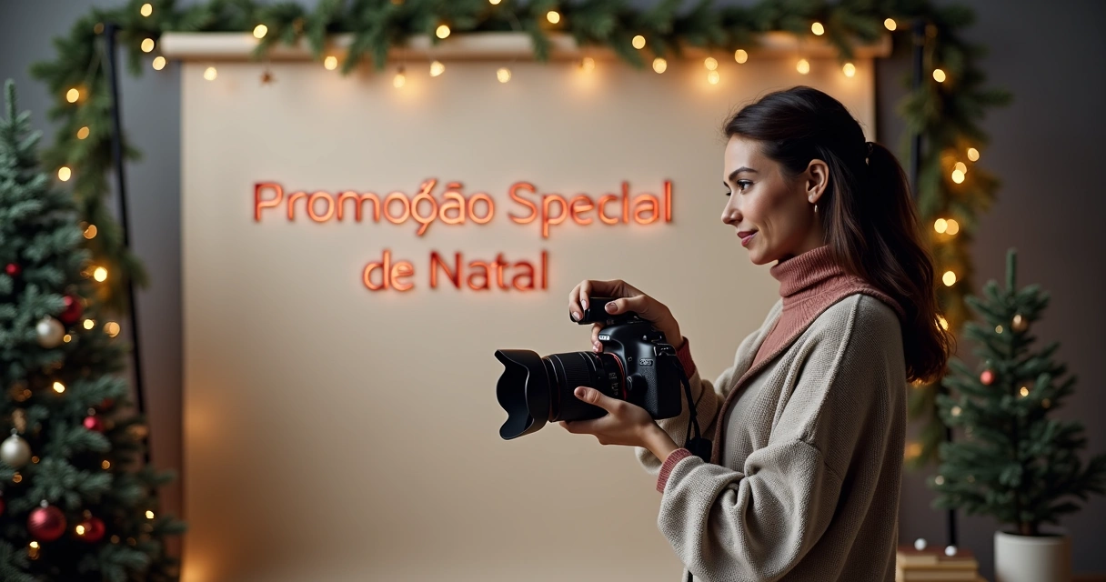 Fotógrafa segurando câmera enquanto exibe banner de promoção 