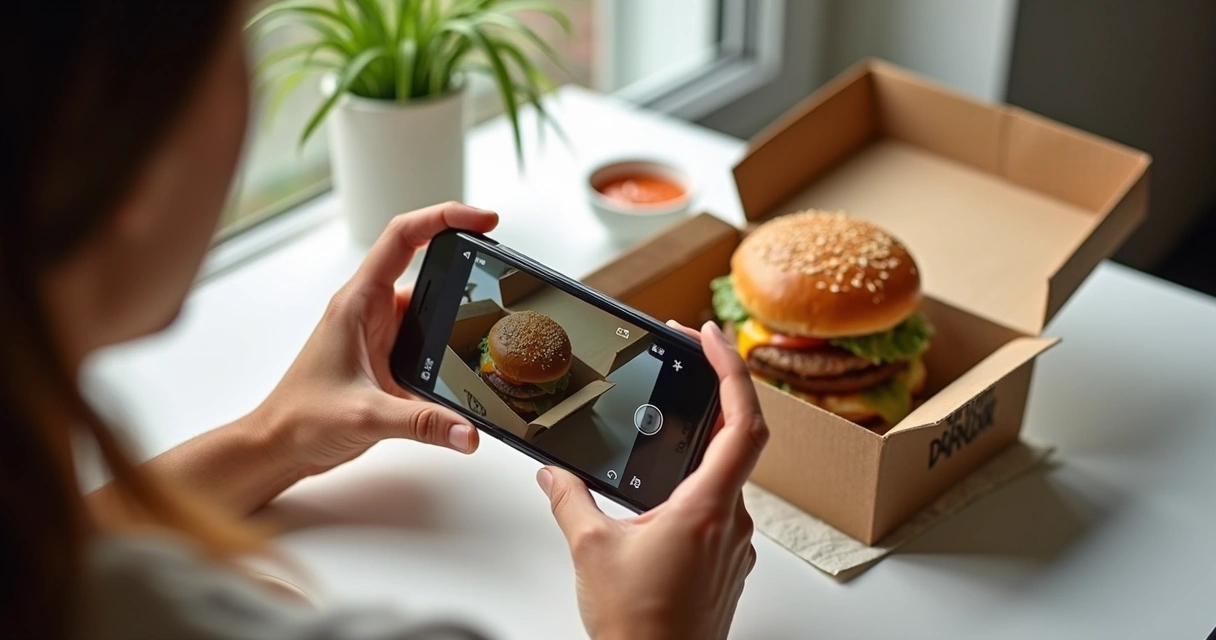 Pessoa fotografando hambúrguer embalado com celular 