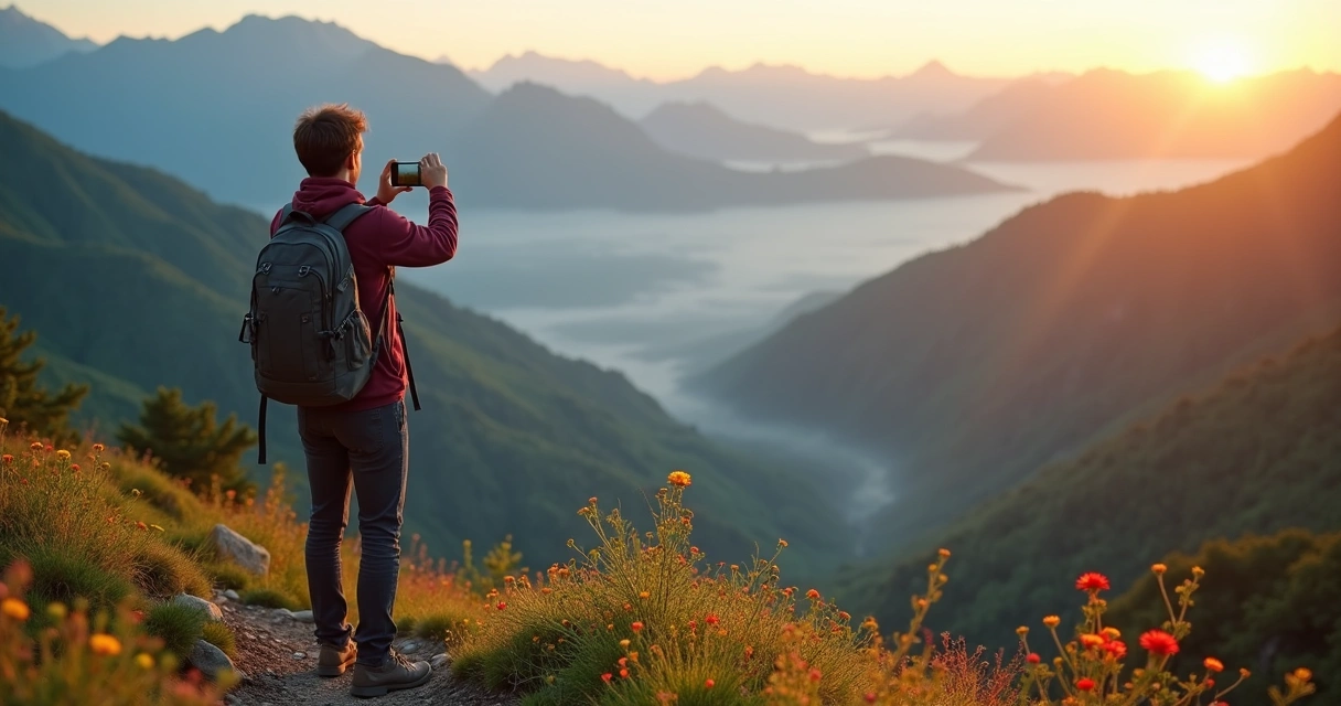 Pessoa fotografando paisagem montanhosa com celular 