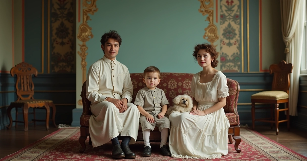 Foto colorida antiga de uma família posando 