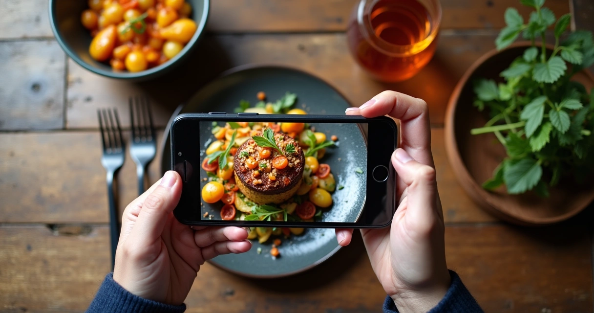 Fotografia de prato de comida usando celular 
