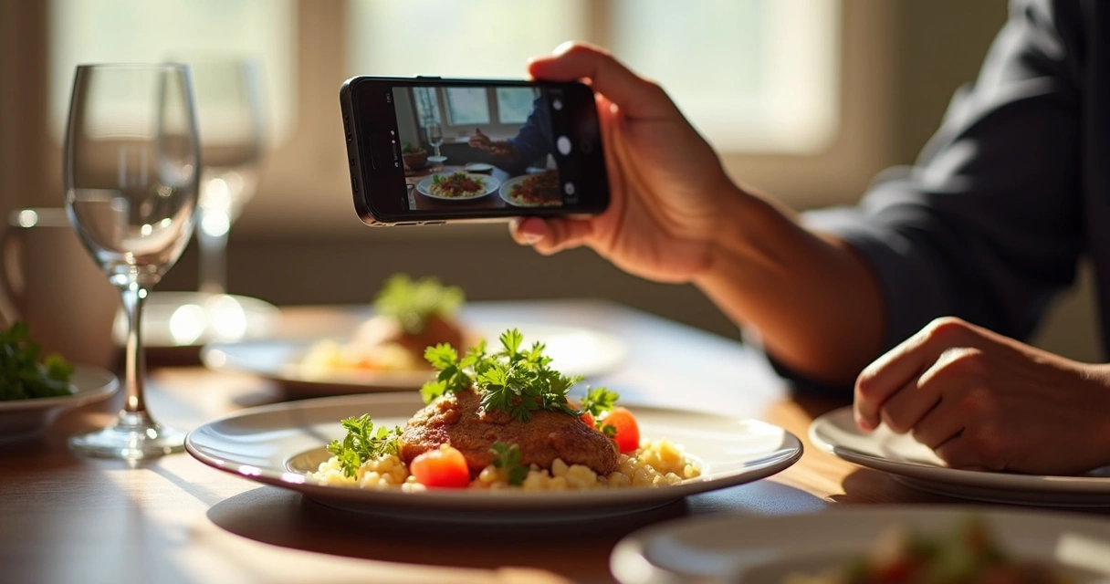 Prato de comida bem montado, ao lado uma mão segurando celular para fotografar 