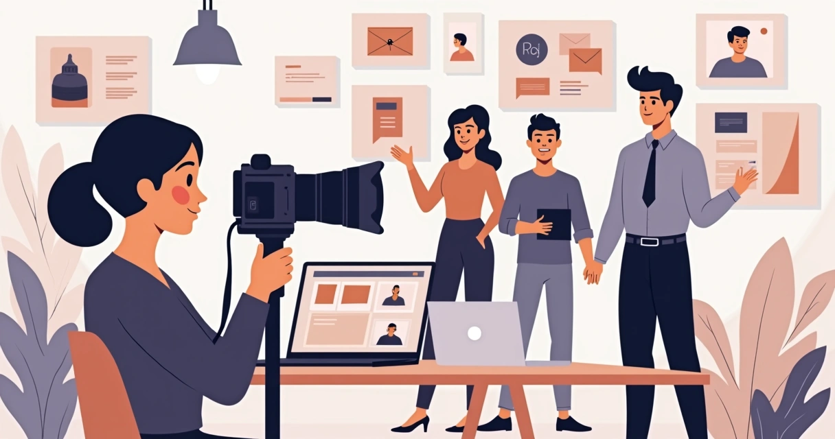 Ilustração corporativa plana mostrando uma fotógrafa capturando imagens de uma equipe criativa trabalhando em branding e identidade visual, com câmeras, laptops e elementos visuais ao redor em cores sóbrias e modernas 