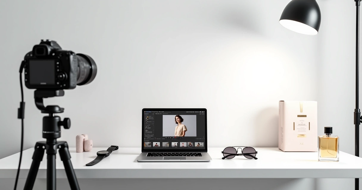 Mesa com câmera DSLR, notebook aberto exibindo edição de foto de produto, iluminação suave e fundo branco com produtos minimalistas expostos 