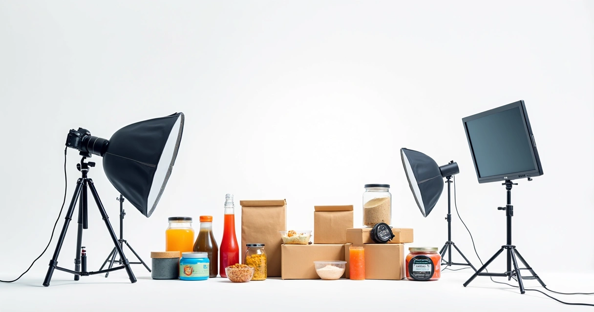 Estúdio com fundo branco mostrando produtos sendo fotografados em alta resolução 