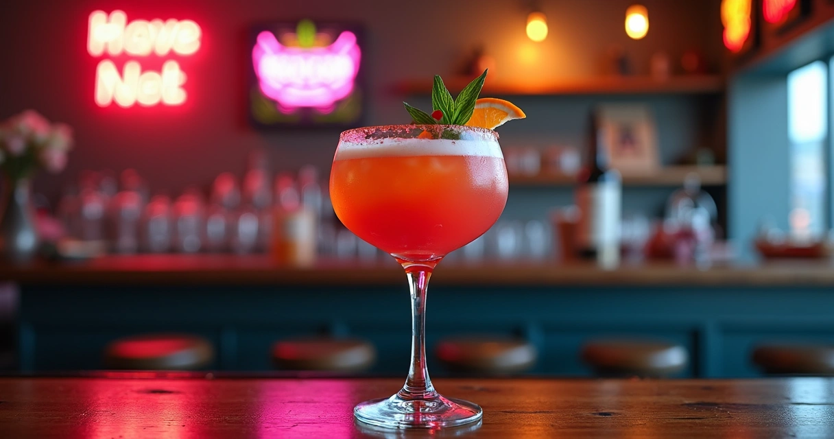 Drink temático colorido em close com decoração de bar ao fundo 