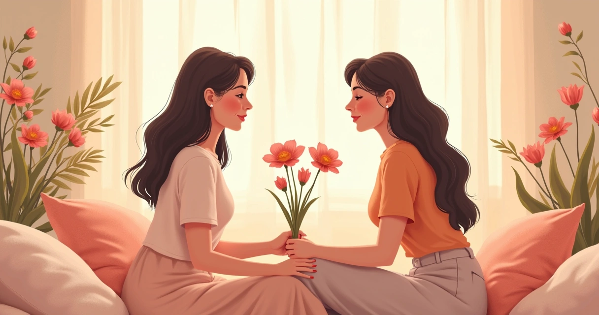 Foto feminina com luz suave e elementos naturais como flores 