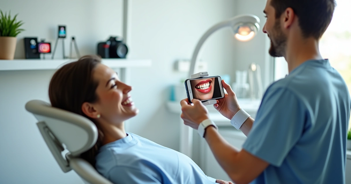 Dentista fotografa detalhes do sorriso de paciente com celular e ring light 