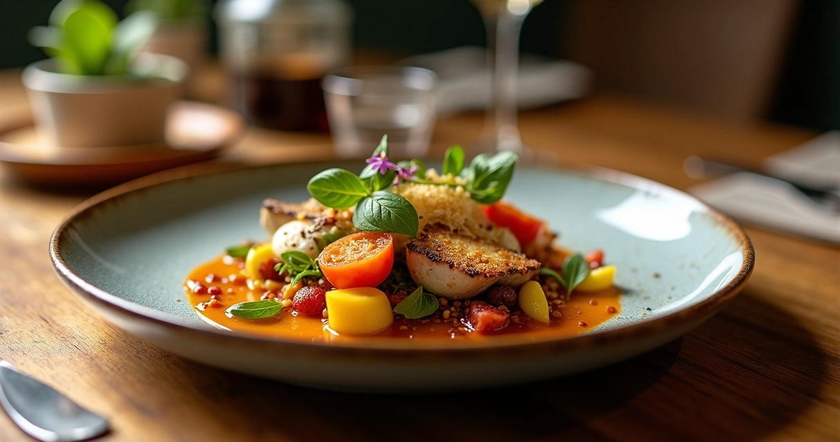 Prato sofisticado de restaurante apresentado sobre mesa de madeira, destaque para ingredientes frescos e coloridos