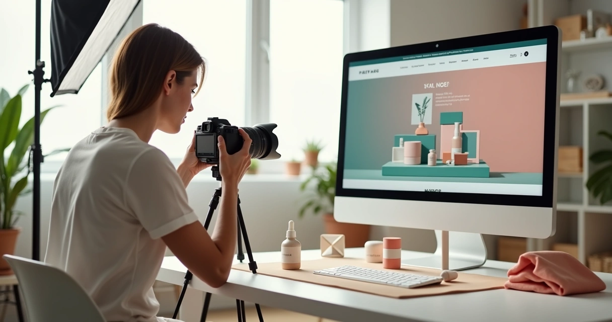 Fotógrafo ajustando cenário de produto em estúdio com telas exibindo identidade visual da marca 