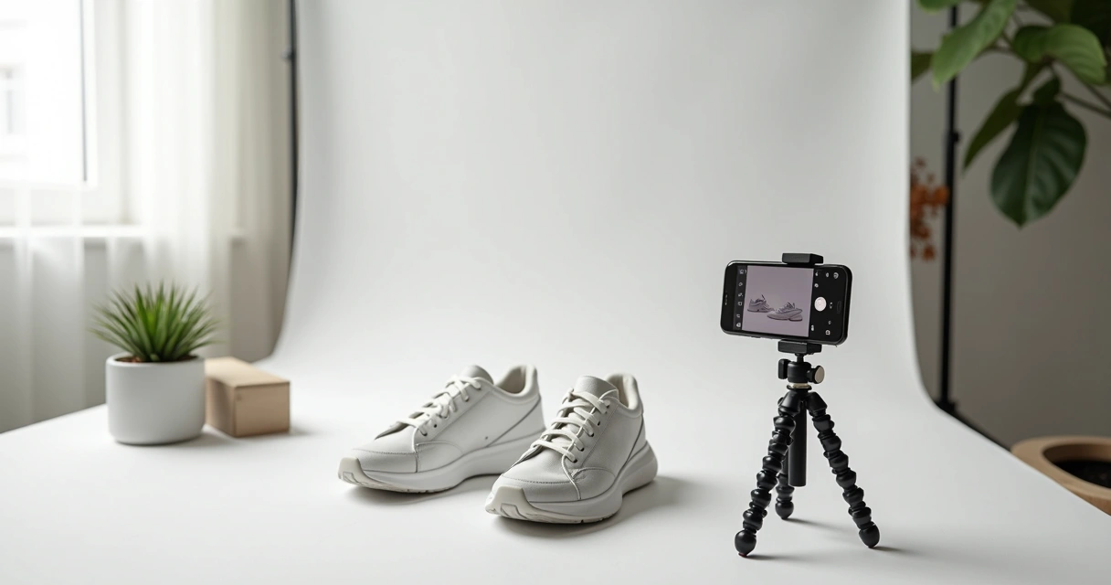 Celular em tripé fotografando produto para e-commerce em fundo branco 