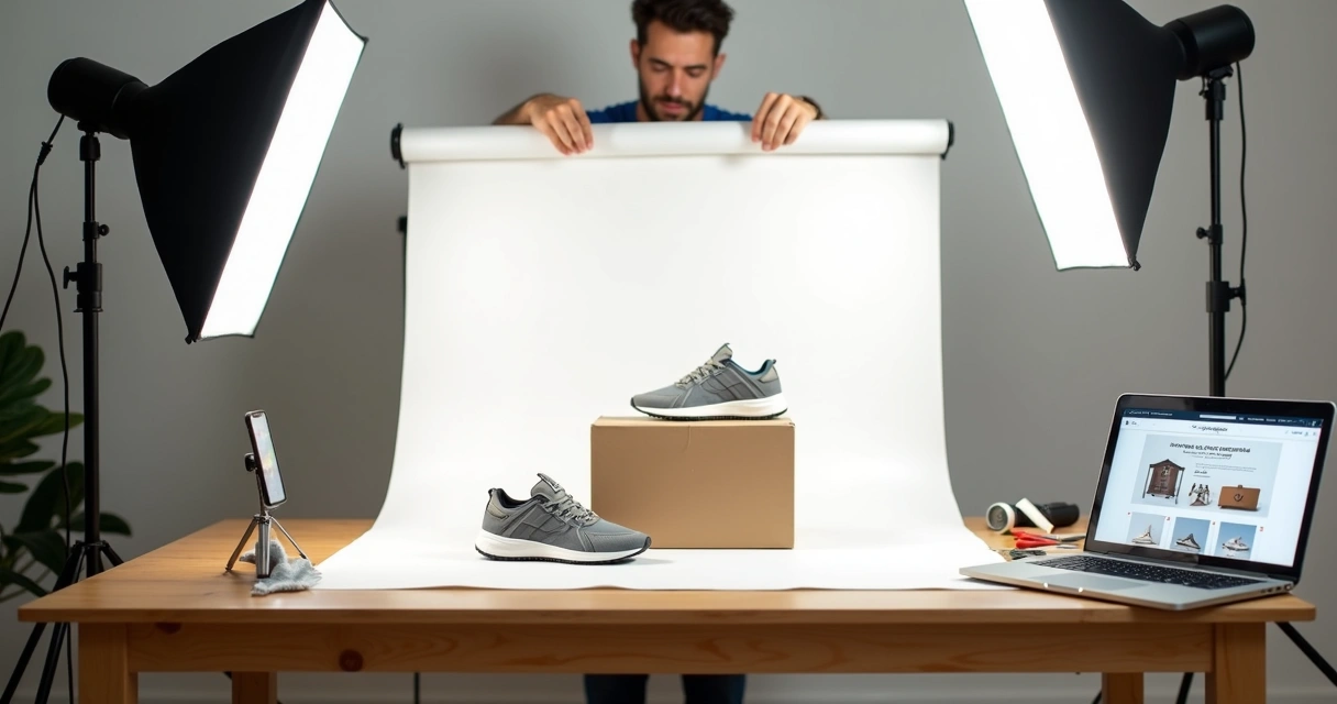 Vendedor fotografando produto em estúdio caseiro para e-commerce 