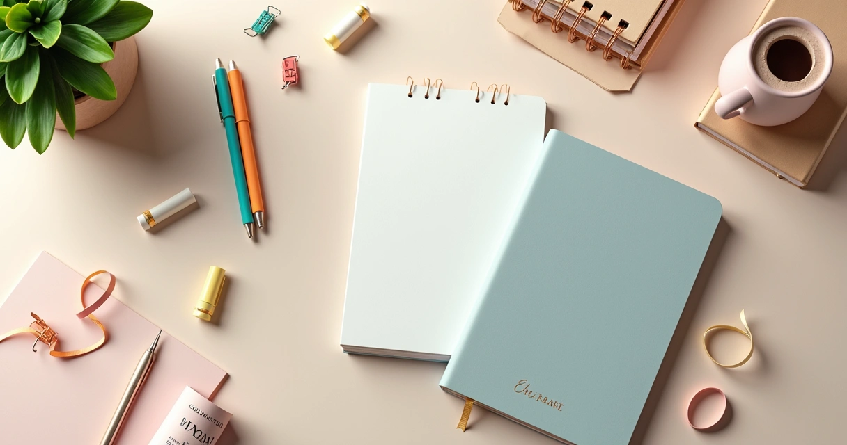 Produtos de papelaria personalizada organizados com fundo neutro e iluminação suave 