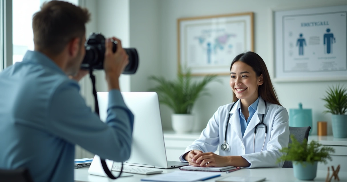 Fotógrafa registrando médico em consultório moderno para marketing digital 